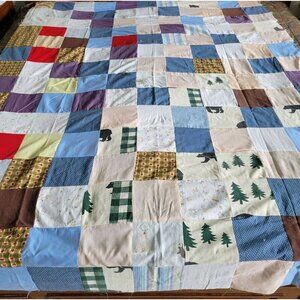 Patchwork Quilt Top 94" X 132" Unfinished Cabin Rustic Americana Country Vintage